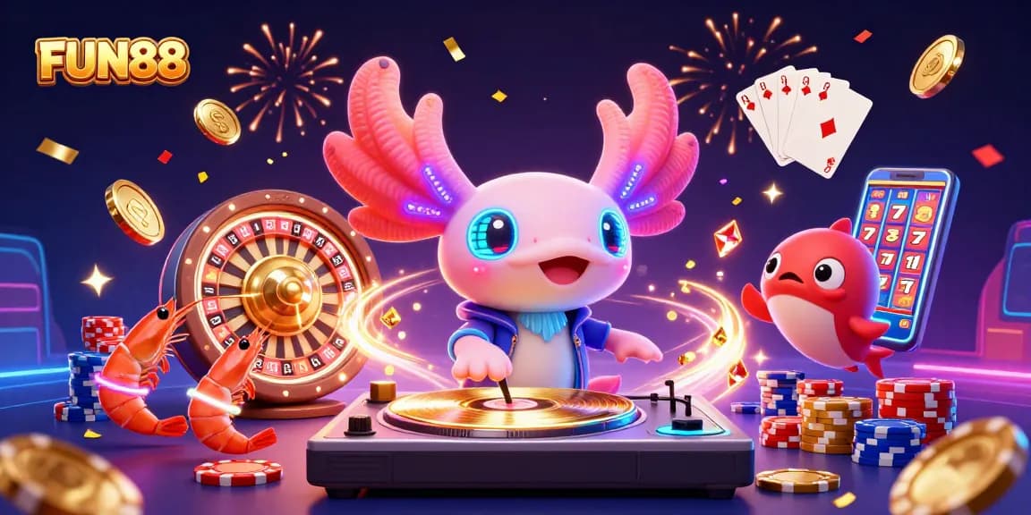 Experience thrilling gameplay at FUN88 with a vibrant axolotl DJ, golden coins, and spinning roulette.