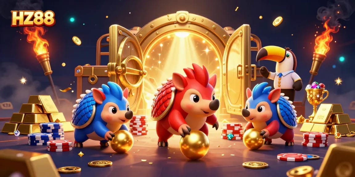 Experience the excitement of HZ88 as rival pangolins compete in a vibrant casino scene.