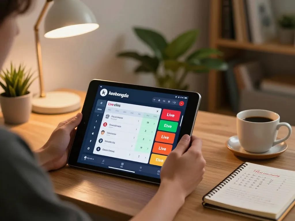 A person engaging in keobongda online betting, using a tablet to navigate live betting options in a cozy home office.
