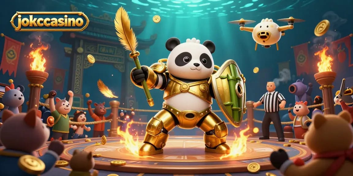 Engage in thrilling online gaming at jokacasino with a mech-suit panda and vibrant action.