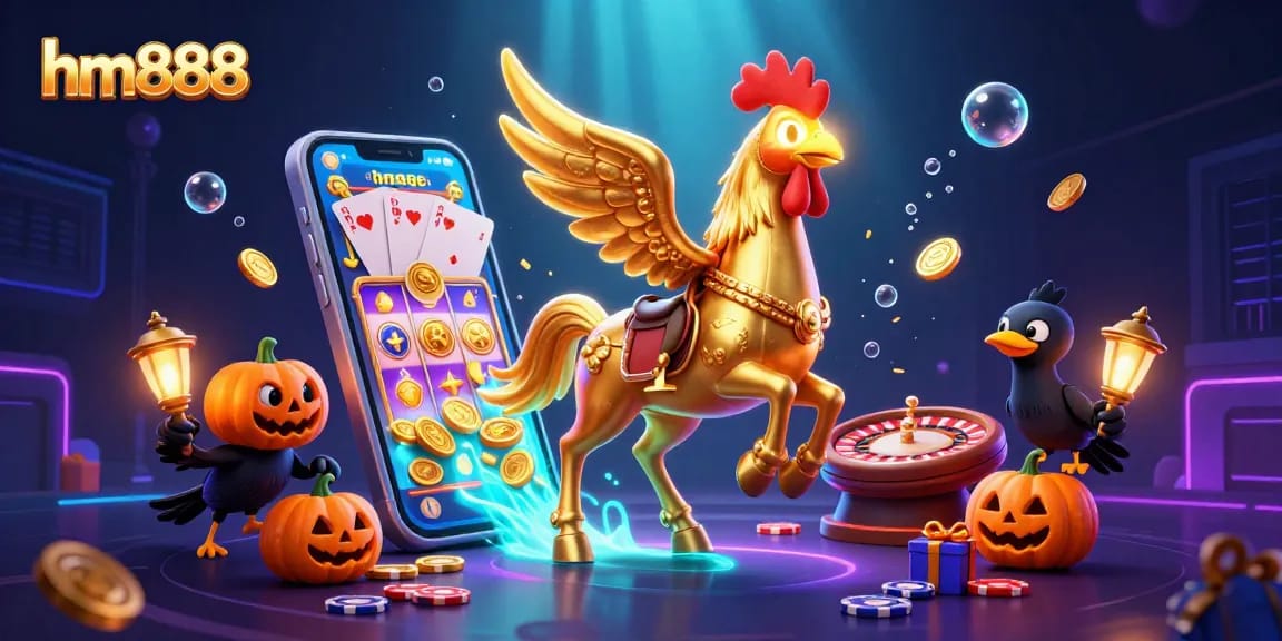 Win big at hm888 with the golden rooster in a vibrant casino scene filled with exciting game elements.