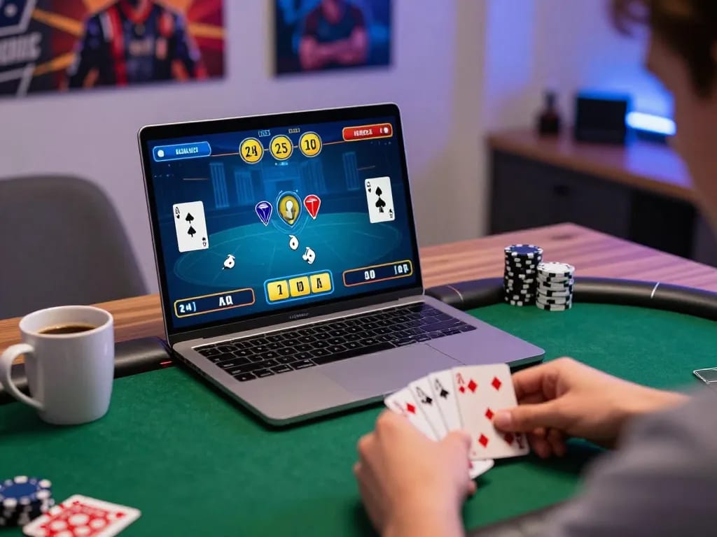 O8 players analyzing poker strategy at home gaming session with laptop on desk