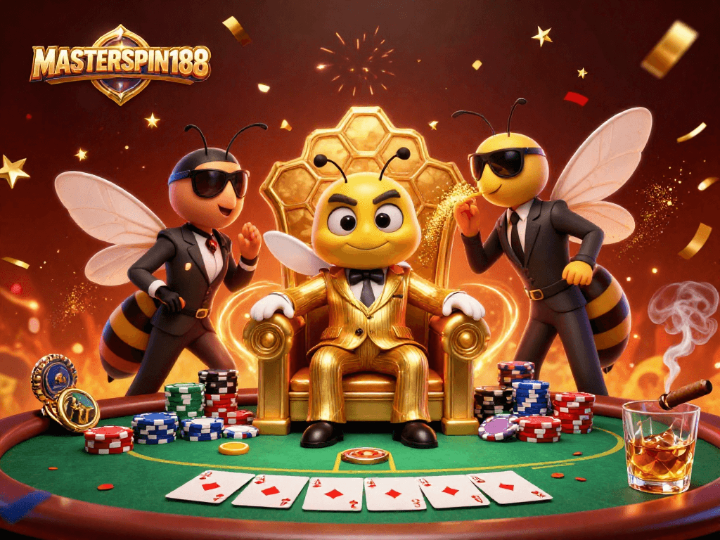 Engage with MASTERSPIN188 as a bumblebee mob boss and wasp bodyguards dominate a lively poker scene.