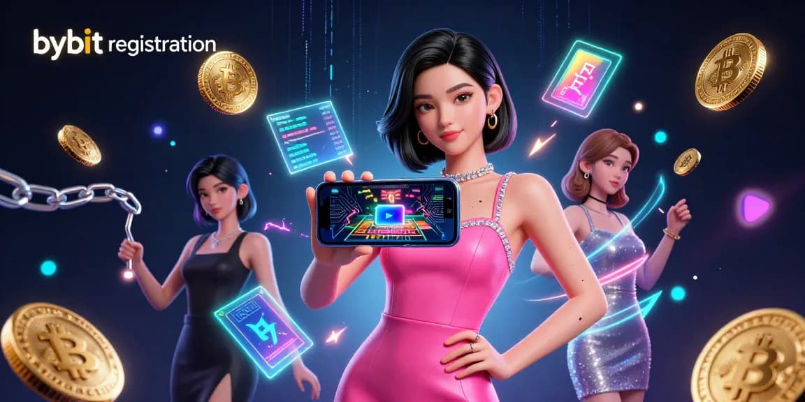 Engage with the exciting bybit registration process, showcased by a vibrant digital illustration with crypto elements.