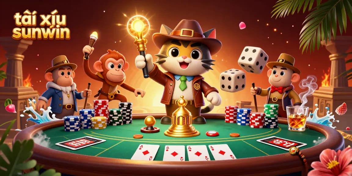 Tài xỉu sunwin illustration featuring an archaeologist cat and monkey in a vibrant casino artifact scene.
