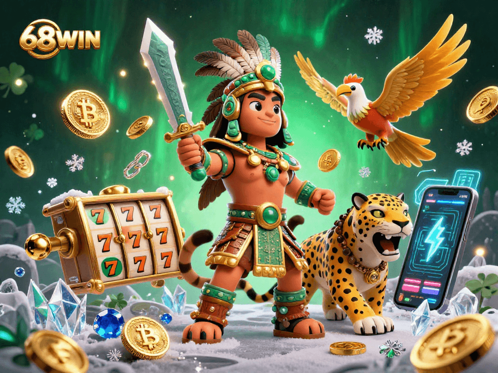 Engage with the thrill of 68WIN's vibrant online slots with characters and dynamic elements in a colorful casino scene.
