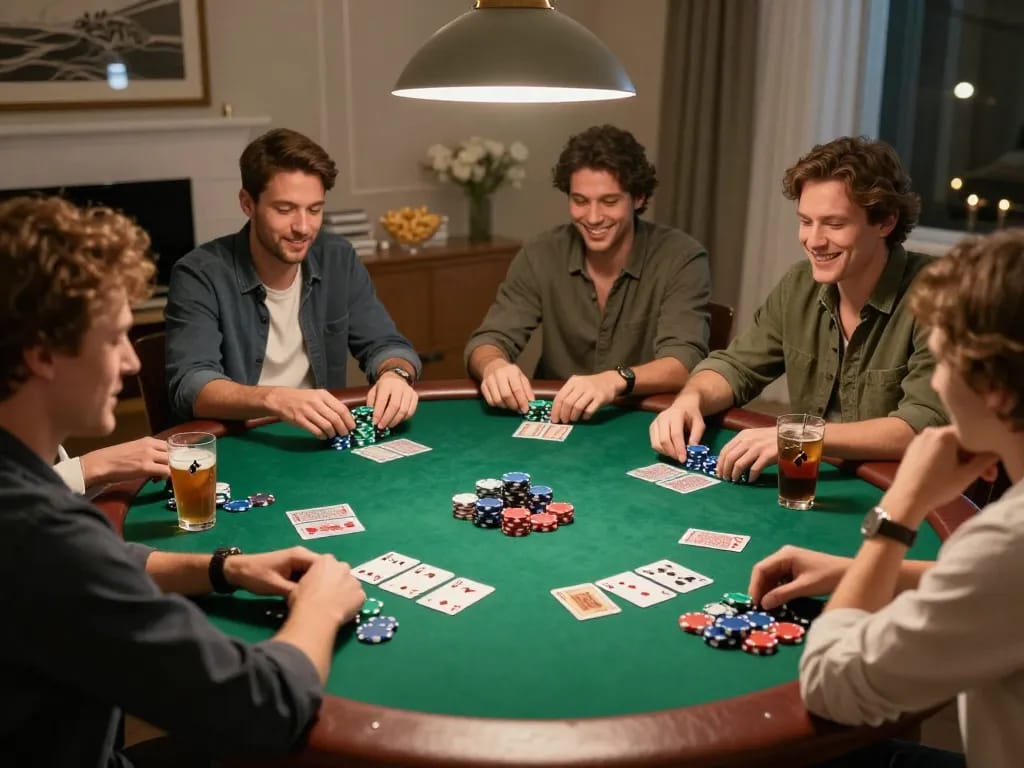 Friends enjoying a poker night at home, featuring GG88 KJC atmosphere of excitement and strategy.