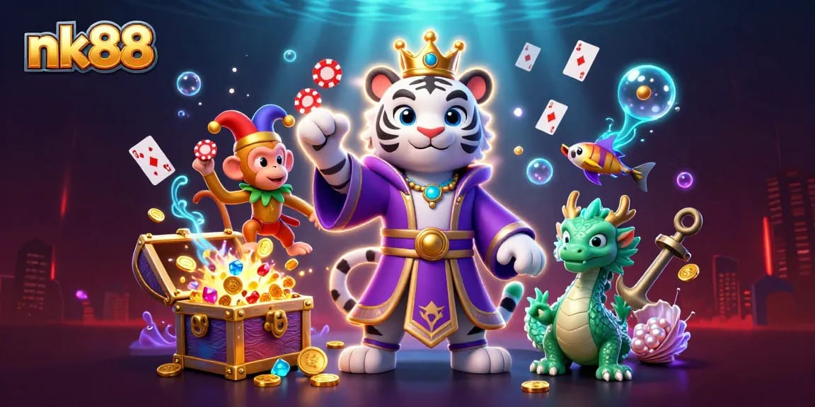 Experience thrilling gameplay at nk88 featuring an elegant royal tiger and lively game elements.