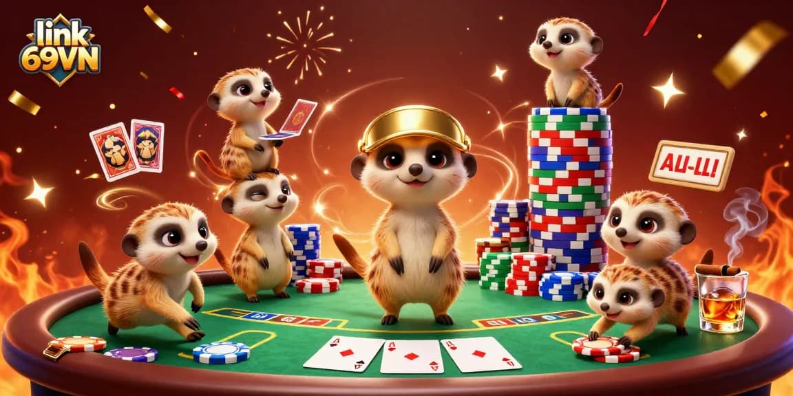Experience the excitement of link 69VN at a vibrant casino run by meerkats, featuring poker chips and festive confetti.