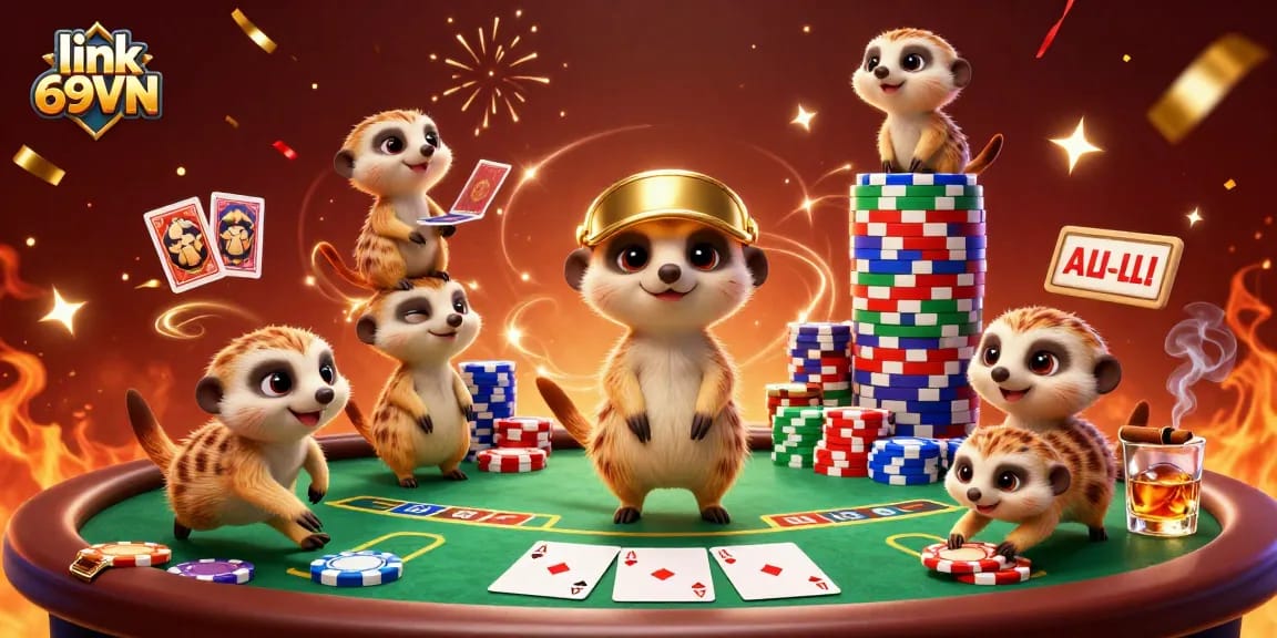 Experience the excitement of link 69VN at a vibrant casino run by meerkats, featuring poker chips and festive confetti.