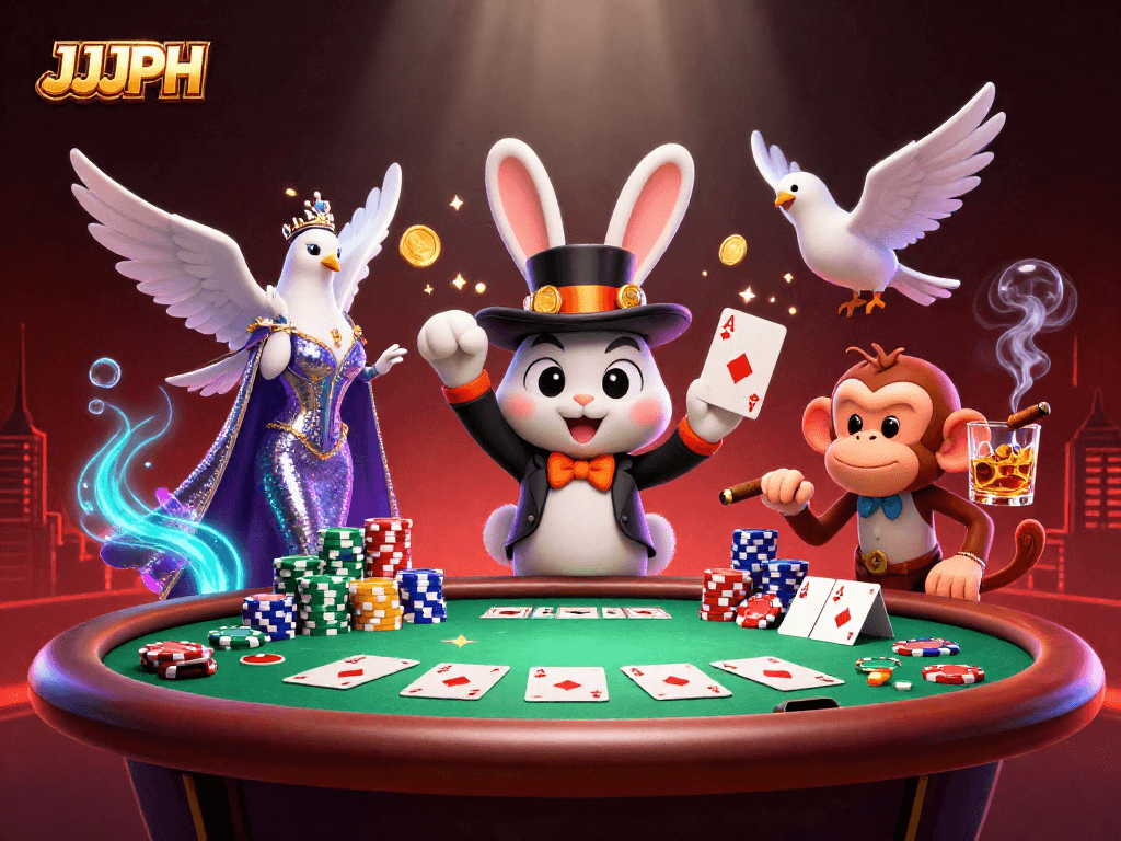 Engage with JJJPH's thrilling magic and poker action in a vibrant 3D casino scene.