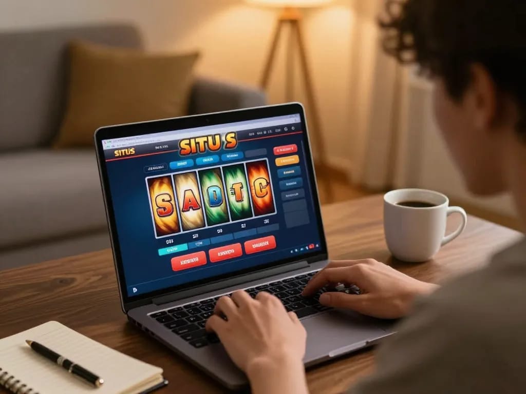 Engaging gameplay on situs slot platform at home with animated reels and strategy notes visible