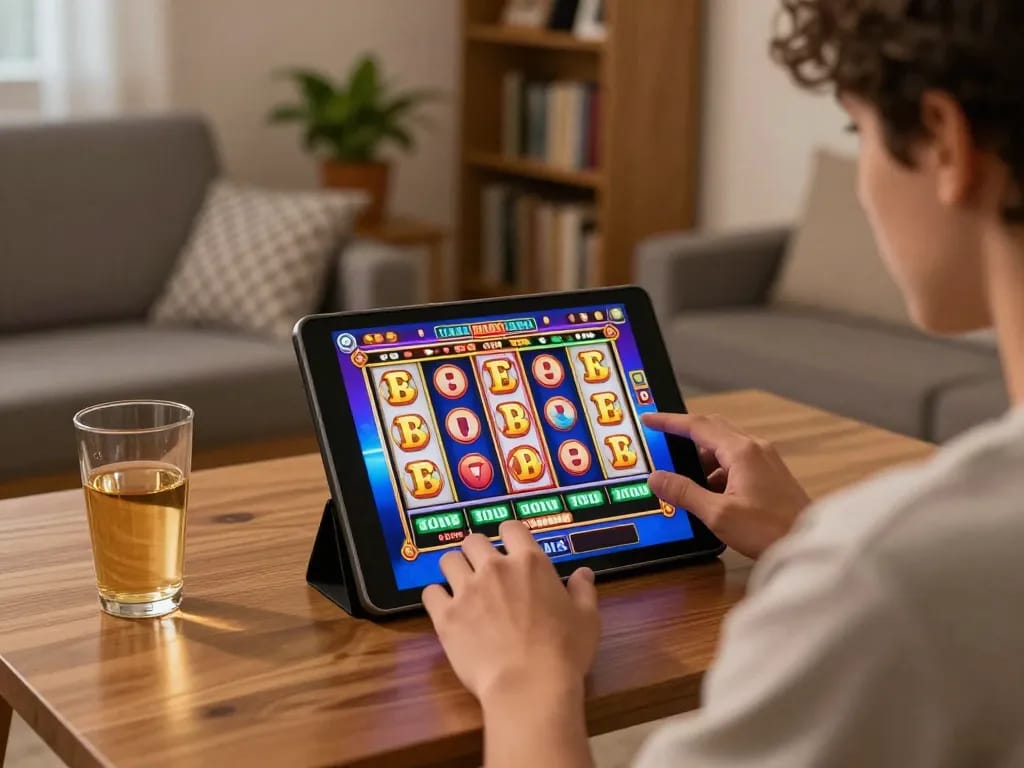 Engaging user enjoying slot luar negeri gameplay on a tablet in cozy home setting.