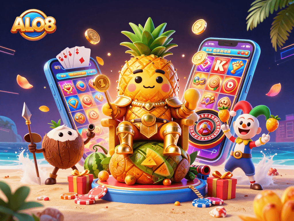 Experience exciting gaming with ALO8 featuring a golden pineapple king and vibrant casino elements.