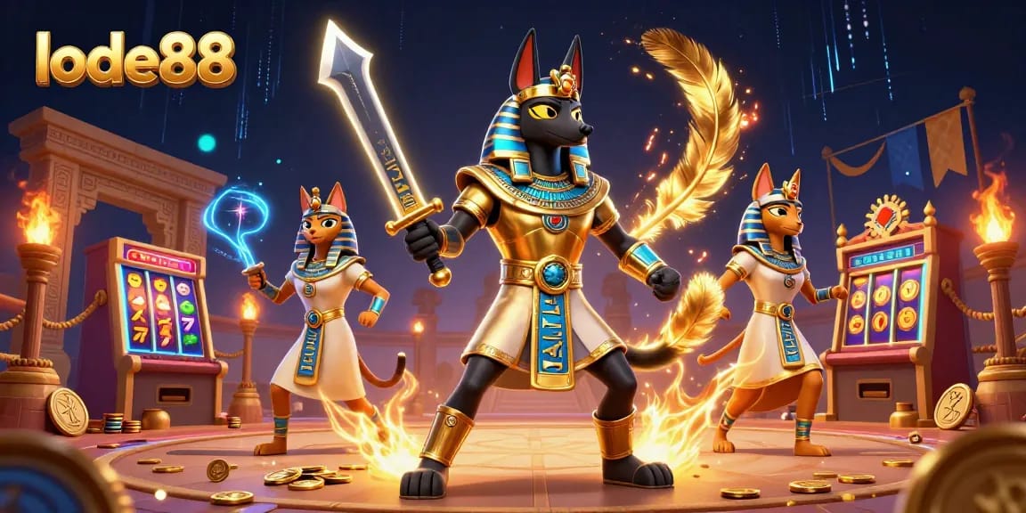 lode88 showcases an ancient Egyptian gaming scene with Anubis, Bastet, and slot machine elements.