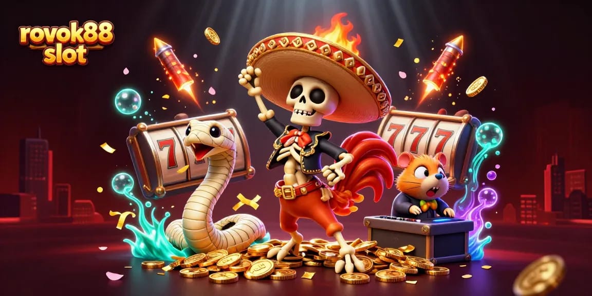 Spinning the reels of rokok88 slot with a vibrant casino scene featuring cartoon characters celebrating in style.