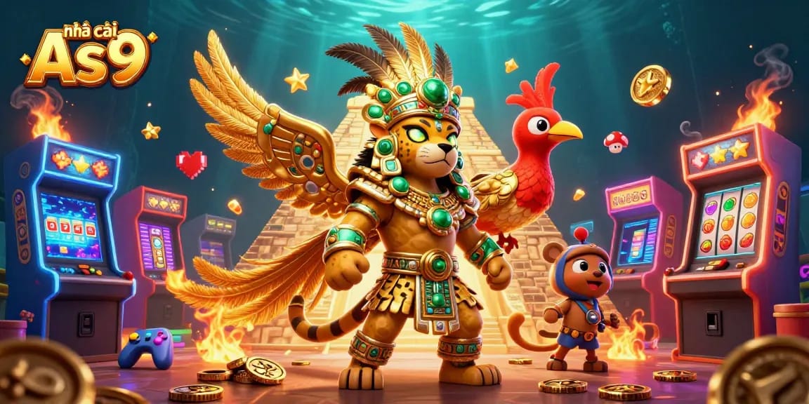 Experience the vibrant world of nhà cái As9 with a dynamic 3D casino illustration featuring a Mayan jaguar priest and gaming elements.