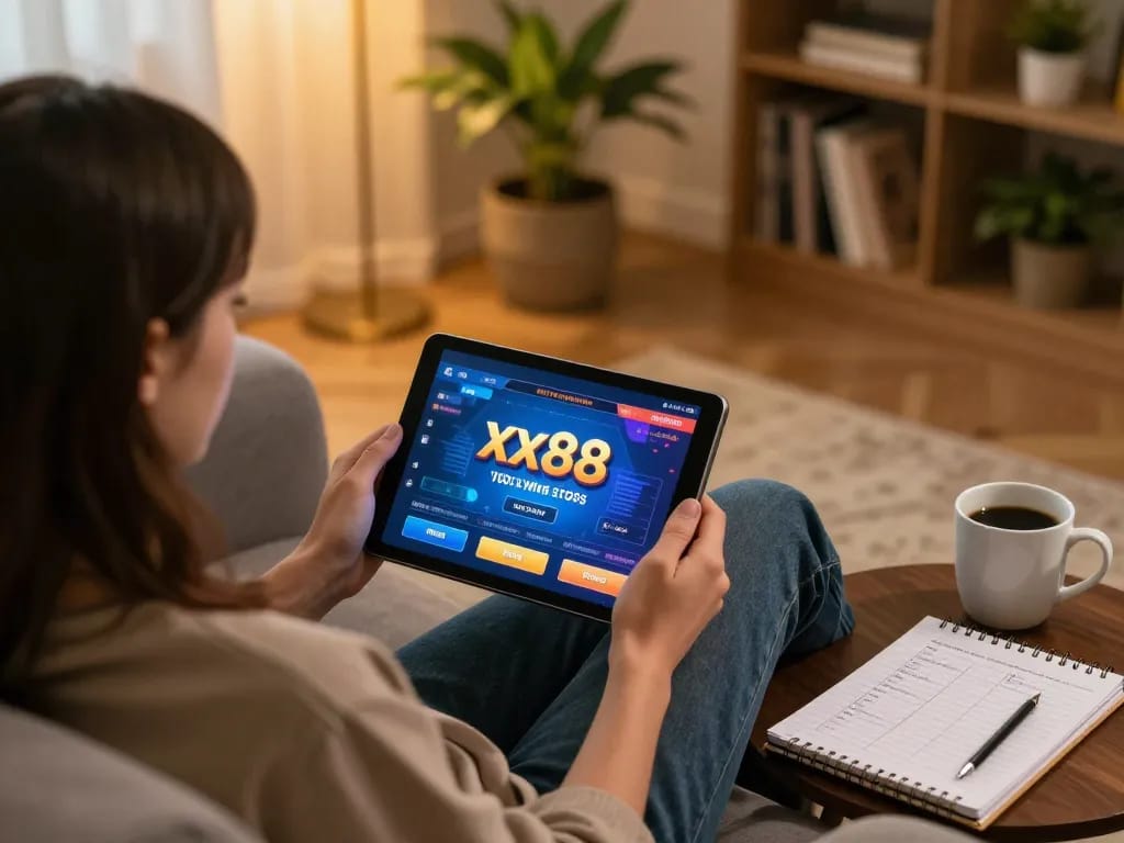 Player engaged in xx88 online gaming, showcasing a cozy domestic setup with tablet and strategy notes.