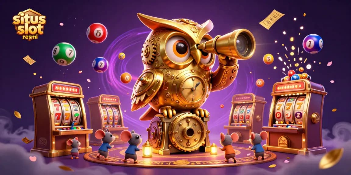 Experience excitement at situs slot resmi with lively slot machines and a golden owl overseeing the fun.