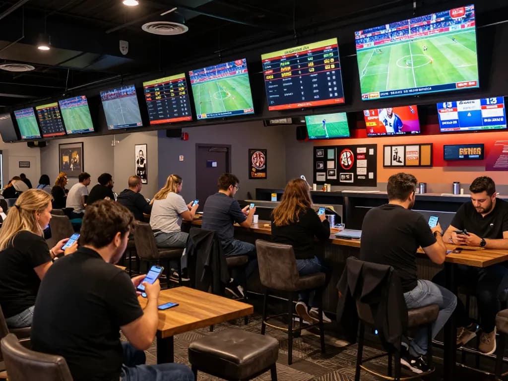 Engaged bettors analyzing ty le keo nha cai 5 at a vibrant live sports betting venue