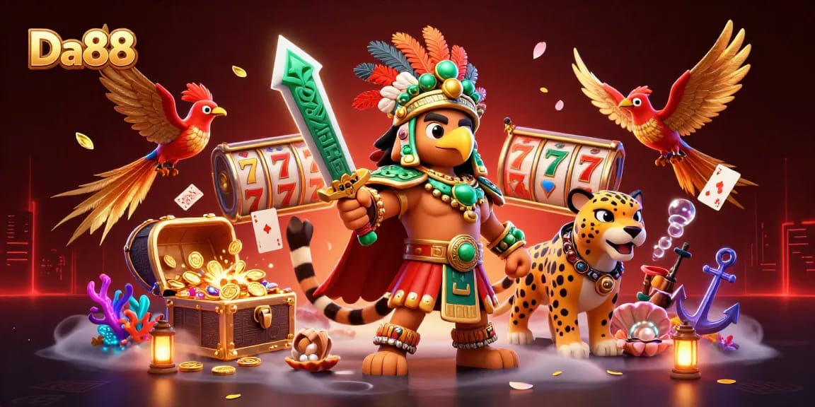 Experience the excitement of Da88 with vibrant characters and dynamic gaming elements in a packed casino scene.