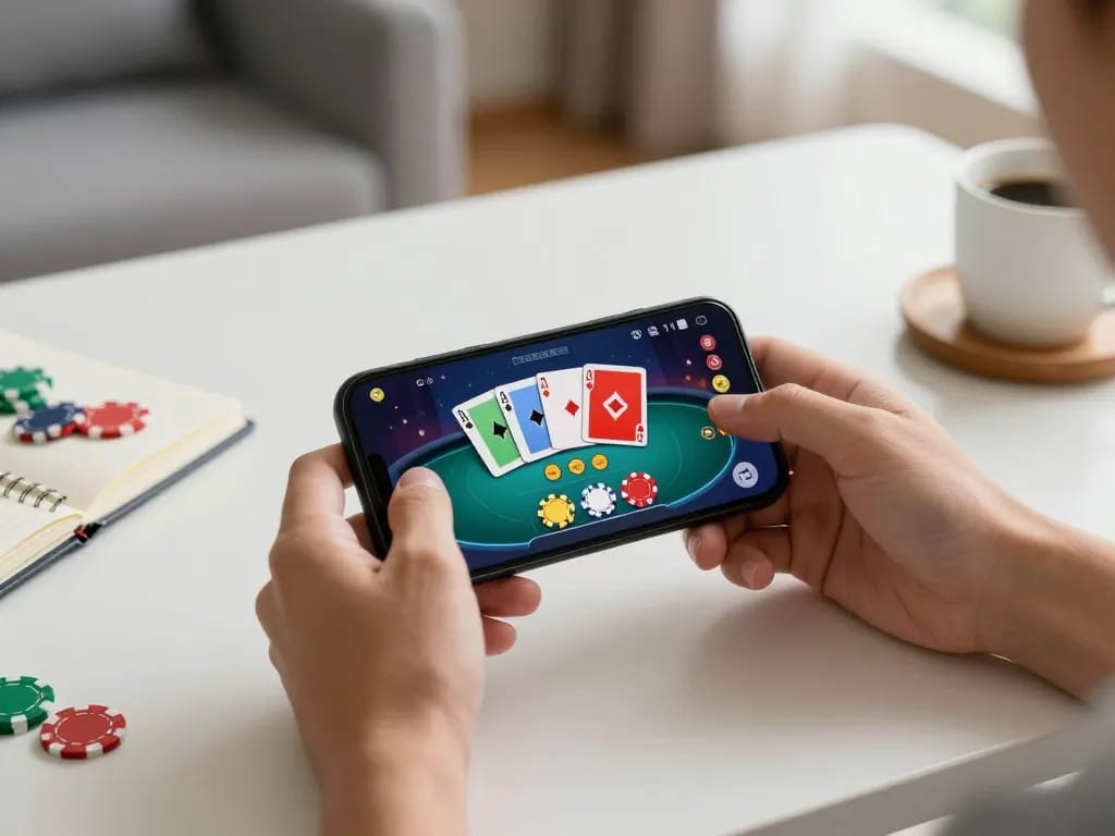 Play exciting poker games on maxpoker88 with hands holding a smartphone in a cozy home setup.