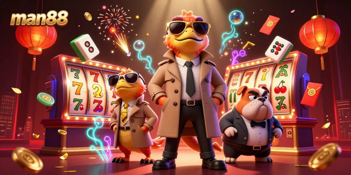 Experience man88's vibrant casino world with raptors in a trench coat/slots excitement.