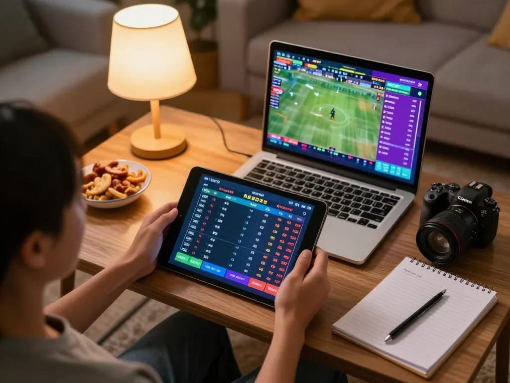 Engaging online betting scene at 789clubgo, showcasing tablet with live sports odds and a cozy atmosphere.