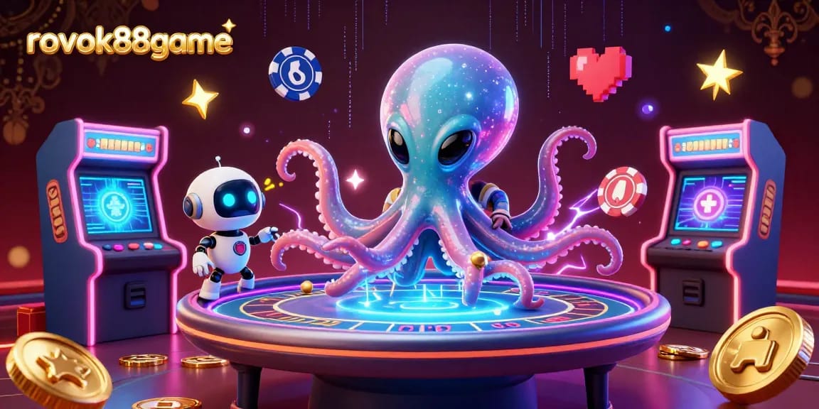 Engage with exciting gameplay at rokok88game, featuring an alien octopus at a holographic poker table.