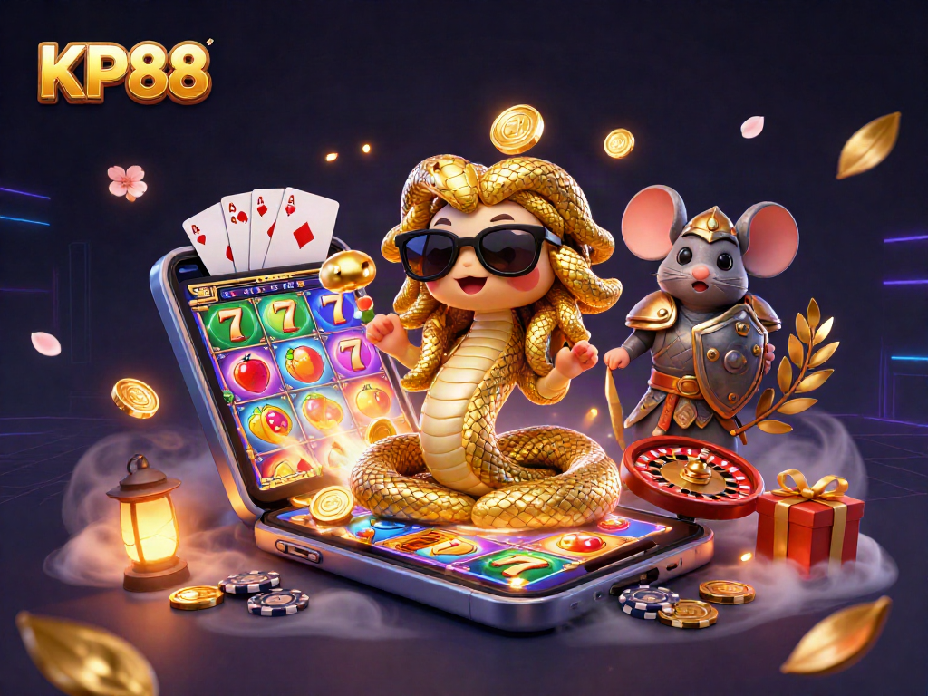 Engage with KP88 slots featuring Medusa and a stone warrior in an action-packed illustration.