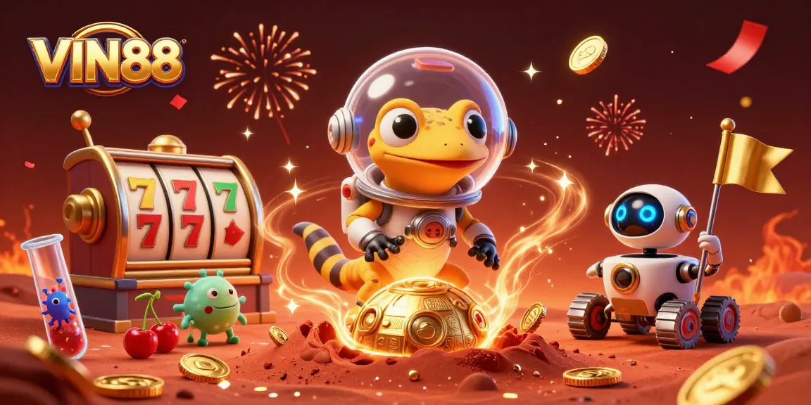 VIN88 captivates players with a lively casino scene featuring a Martian gecko, slot reels, and celebratory elements.