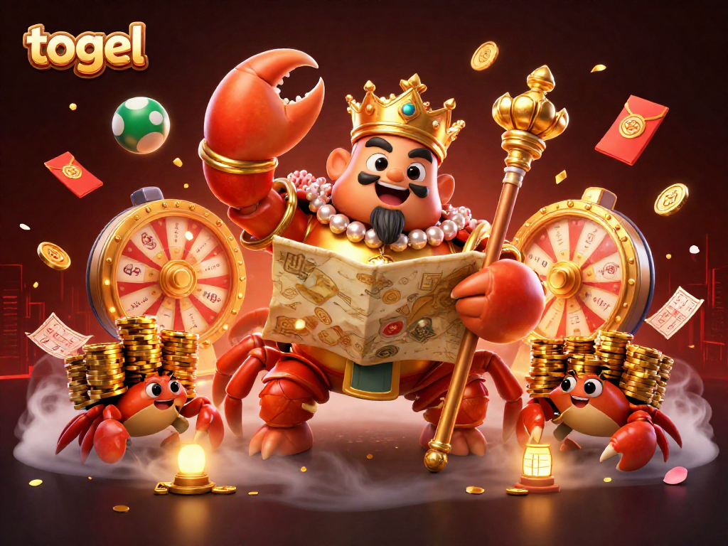 Engage with togel excitement through a vibrant 3D illustration featuring crab emperor and lucky elements.