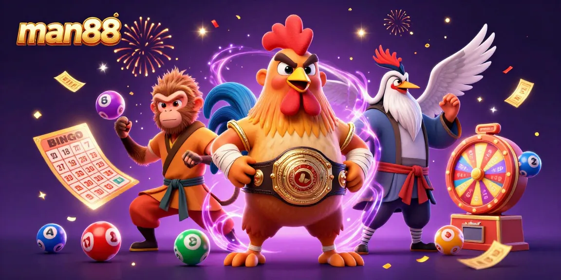 Win big with man88 as a Muay Thai rooster, Shaolin monkey, and wise crane celebrate in a vibrant casino.