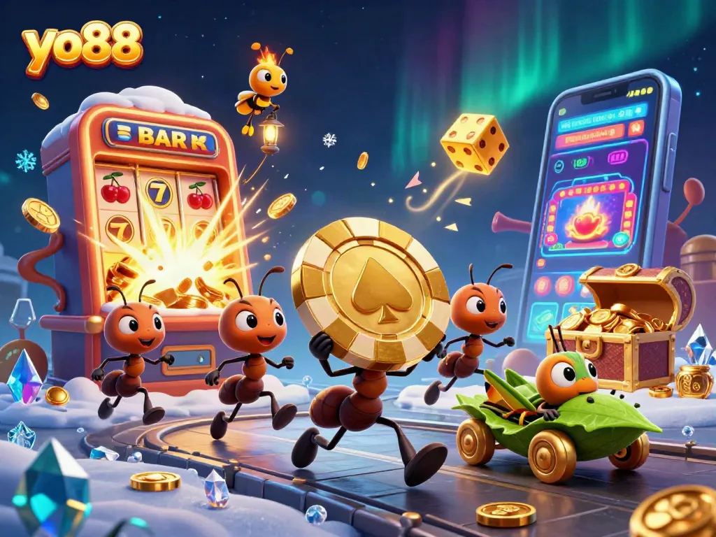 yo88 engages players in a vibrant heist scene with playful ants and a golden poker chip