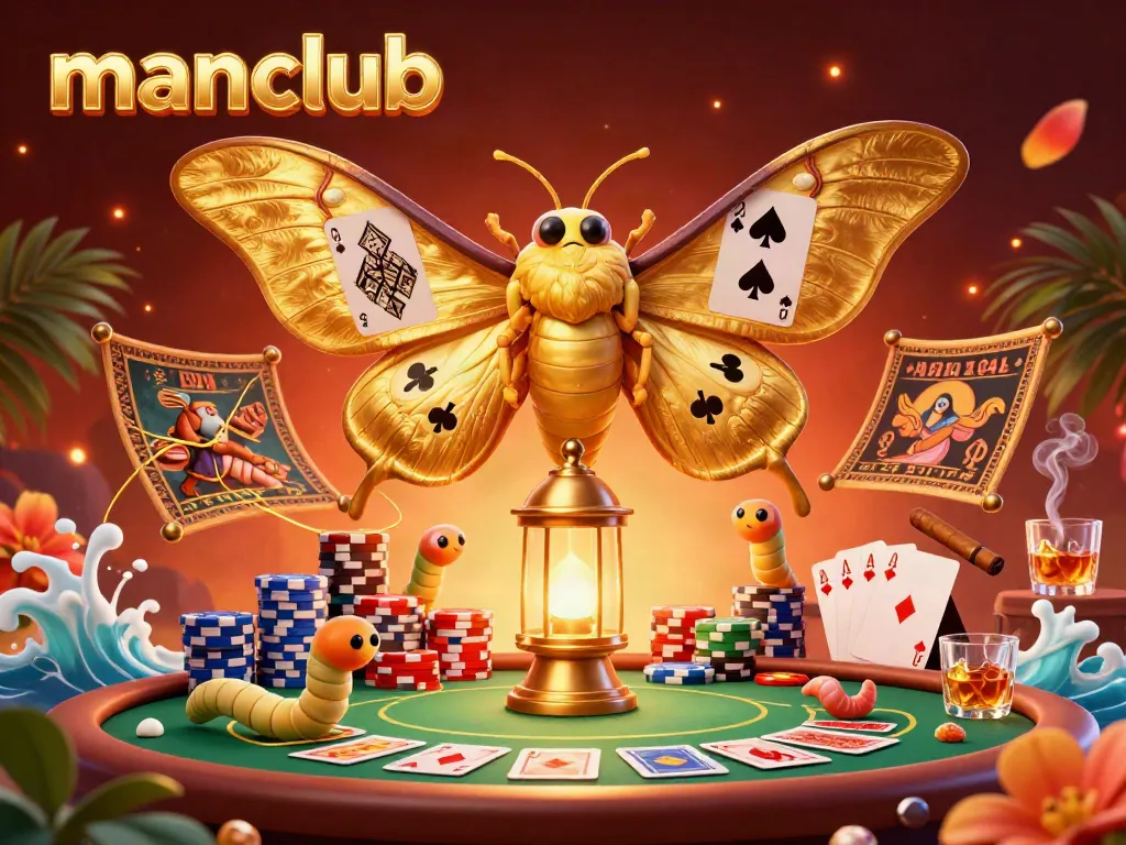 Experience thrilling gameplay at manclub with vibrant 3D casino elements, showcasing poker scenes and golden moths.
