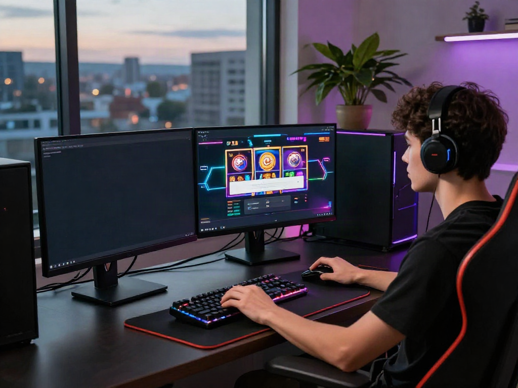 Player on bro138 login screen with vibrant slot game displays in modern gaming setup.