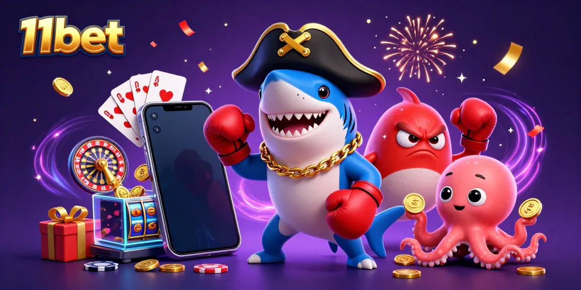 Engage in thrilling gaming adventures with 11bet in a vibrant 3D casino illustration featuring playful characters and dynamic elements.