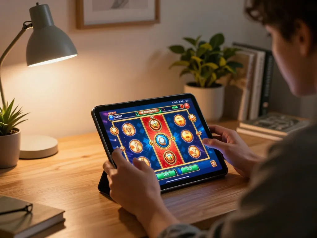 Engaging in online slots at home using 888bgo on a tablet with a cozy atmosphere