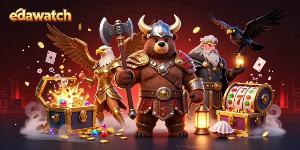 Experience the thrill of edawatch at a vibrant casino scene featuring Viking characters and rich gaming elements.