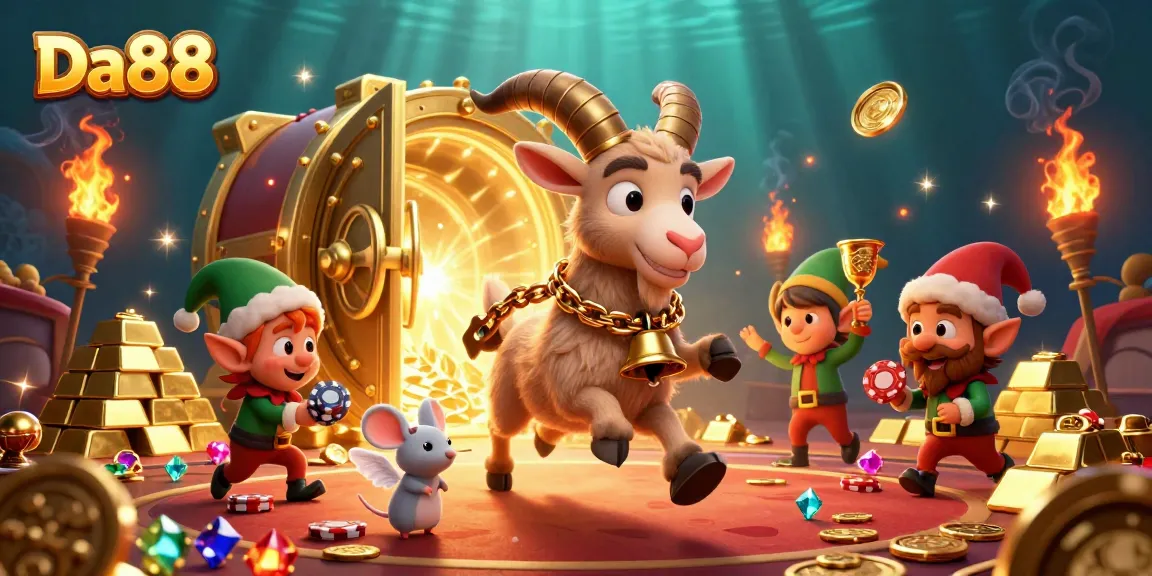 Enjoy thrilling gameplay at Da88 with a festive casino scene, Krampus, and playful characters.