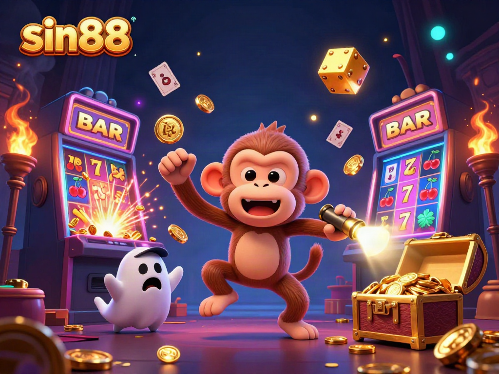 Experience thrilling gaming action at sin88 with a mischievous monkey and a brave puppy in a vibrant casino.