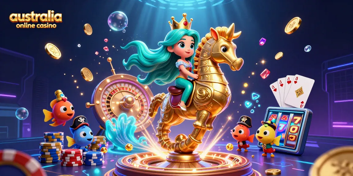 Experience vibrant wins at australia online casino with a mermaid princess and seahorse amidst golden riches.