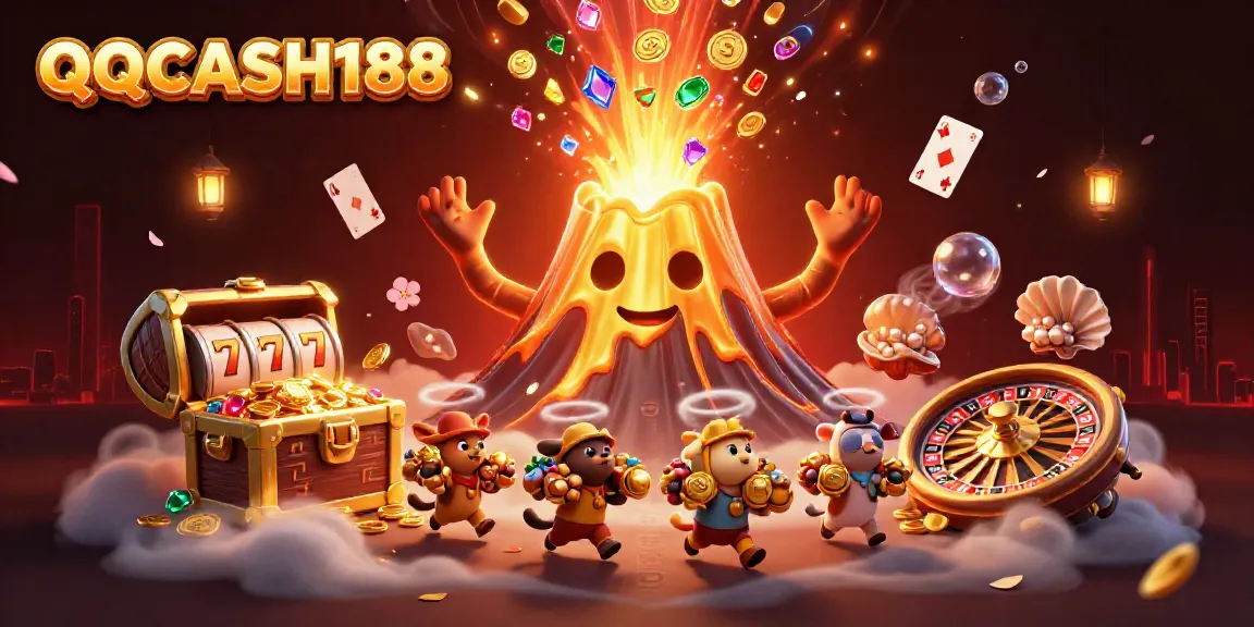 Experience the excitement of QQCASH188 with a vibrant 3D casino scene filled with treasures.