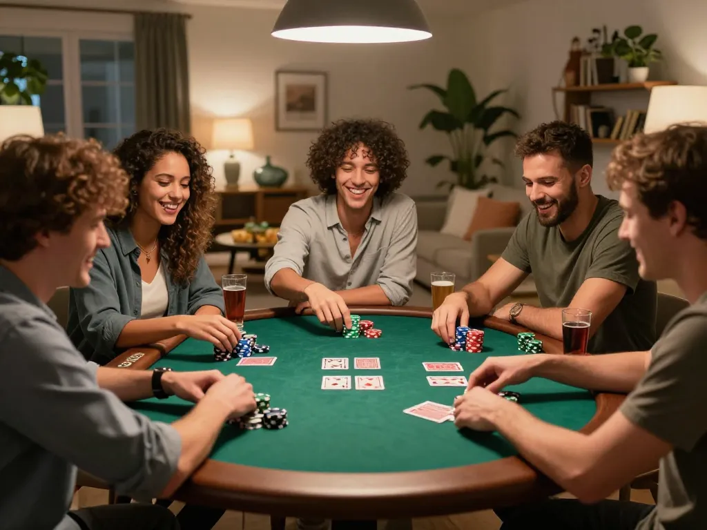 Friends enjoying a lively poker game night at home while practicing strategies with rokok88