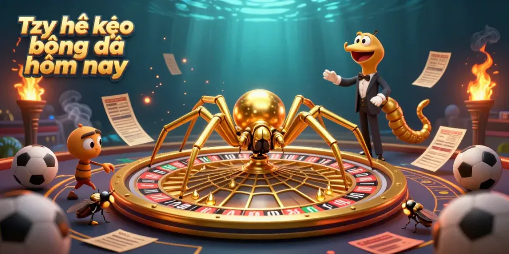 Experience the excitement of Tỷ lệ kèo bóng đá hôm nay with a dynamic illustration of a spider-themed roulette and sports betting.