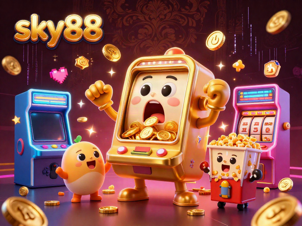 sky88 slot machine celebrates a jackpot with cheering machines and golden coins