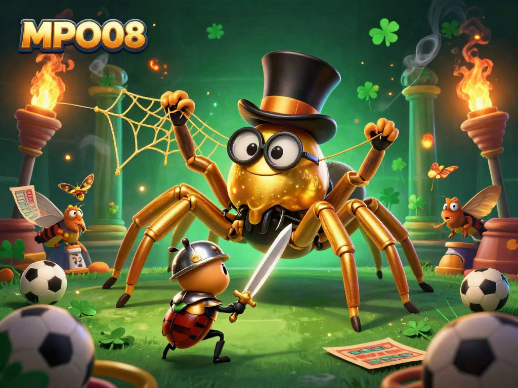 Engage with MPO08 sports betting excitement featuring a golden tarantula, brave beetle knight, and vibrant betting elements.