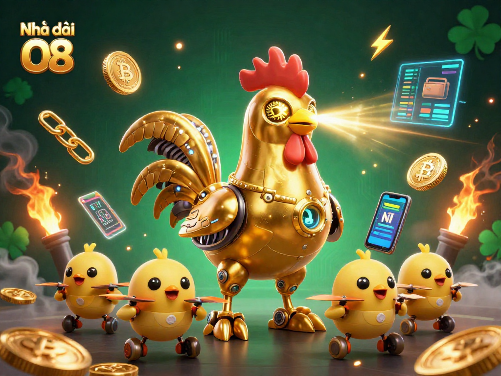 Join the action at Nhà cái O8 with laser-engraving golden rooster and cryptocurrency elements in a vibrant scene.