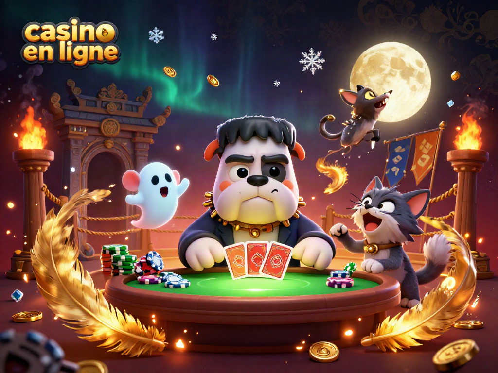 Jouer à un casino en ligne avec un bulldog Frankenstein et un chat loup dans une illustration dynamique.