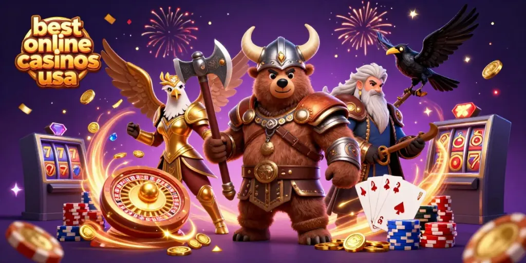 Experience the excitement of the best online casinos USA with vibrant characters and casino elements.